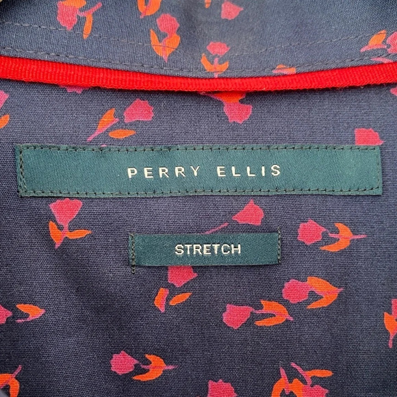 Perry Ellis, Stretch Slim Fit Floral Pattern Button-down Shirt, Navy Blue, Pink - Picture 10 of 12